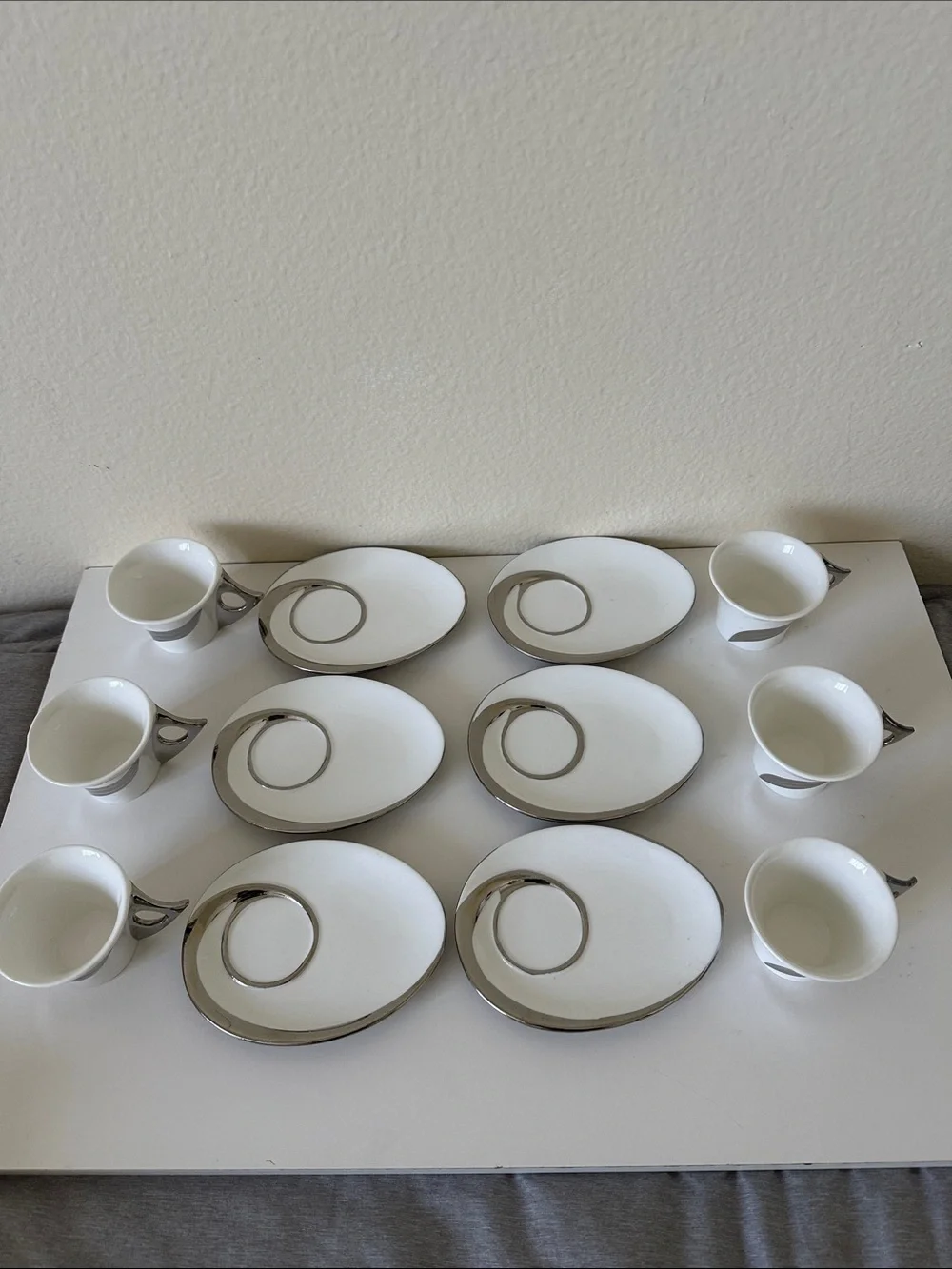 Nour White & Silver Ceramic Espresso Cup Set Of Six Cups With Saucers
